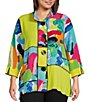 Color:Patch Multiple - Image 1 - Plus Size Multi Patchwork Print Woven Wire Collar 3/4 Sleeve Button-Front Tunic