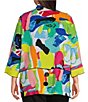 Color:Patch Multiple - Image 2 - Plus Size Multi Patchwork Print Woven Wire Collar 3/4 Sleeve Button-Front Tunic