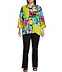 Color:Patch Multiple - Image 3 - Plus Size Multi Patchwork Print Woven Wire Collar 3/4 Sleeve Button-Front Tunic