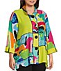 Color:Patch Multiple - Image 4 - Plus Size Multi Patchwork Print Woven Wire Collar 3/4 Sleeve Button-Front Tunic