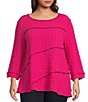 Color:Fuchsia - Image 1 - Plus Size Solid Woven Contrast Stitch Round Neck 3/4 Sleeve Tunic