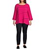 Color:Fuchsia - Image 3 - Plus Size Solid Woven Contrast Stitch Round Neck 3/4 Sleeve Tunic