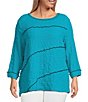 Color:Turquoise - Image 1 - Plus Size Solid Woven Contrast Stitch Round Neck 3/4 Sleeve Tunic