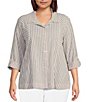 Color:Khaki Stripe - Image 1 - Plus Size Tarn-Dye Stripe Woven Point Collar 3/4 Sleeve Shirttail Hem Button-Front Tunic