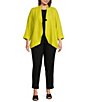 Color:Citron - Image 3 - Plus Size Textured Woven Stand Collar 3/4 Sleeve Pocketed Asymmetric Hem One Button-Front Jacket