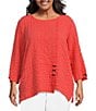 Color:Coral - Image 1 - Plus Size Textured Woven Tunic Round Neck Accent Button 3/4 Sleeve Tunic