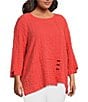 Color:Coral - Image 3 - Plus Size Textured Woven Tunic Round Neck Accent Button 3/4 Sleeve Tunic