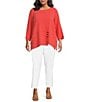 Color:Coral - Image 5 - Plus Size Textured Woven Tunic Round Neck Accent Button 3/4 Sleeve Tunic