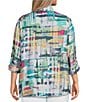 Color:Multi - Image 2 - Plus Size Woven Abstract Print Wire Collar 3/4 Roll-Tab Sleeve Button-Front Tunic