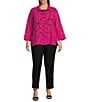 Color:Bright Pink - Image 4 - Plus Size Woven Burnout Wire Collar 3/4 Sleeves Button-Front Tunic