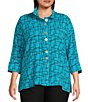 Color:Turquoise - Image 1 - Plus Size Woven Crinkle Wire Collar 3/4 Sleeve Button-Front Tunic
