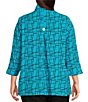 Color:Turquoise - Image 2 - Plus Size Woven Crinkle Wire Collar 3/4 Sleeve Button-Front Tunic