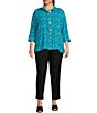 Color:Turquoise - Image 3 - Plus Size Woven Crinkle Wire Collar 3/4 Sleeve Button-Front Tunic