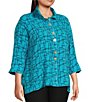 Color:Turquoise - Image 4 - Plus Size Woven Crinkle Wire Collar 3/4 Sleeve Button-Front Tunic
