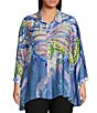 Color:Indigo Print - Image 1 - Plus Size Woven Printed Point Collar 3/4 Sleeve Button-Front Tunic