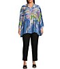 Color:Indigo Print - Image 3 - Plus Size Woven Printed Point Collar 3/4 Sleeve Button-Front Tunic