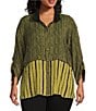 Color:Green Print - Image 1 - Plus Size Woven Printed Wire Collar Cinched Sleeve Uneven Hem Button Front Tunic