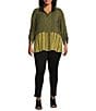 Color:Green Print - Image 3 - Plus Size Woven Printed Wire Collar Cinched Sleeve Uneven Hem Button Front Tunic