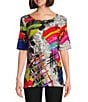 Color:Multi - Image 1 - Printed Woven Round Neck Short Sleeve Side Slit Tunic