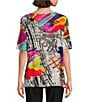 Color:Multi - Image 2 - Printed Woven Round Neck Short Sleeve Side Slit Tunic