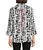 Color:Black/White - Image 2 - Printed Woven Wire Collar 3/4 Sleeve Button-Front Tunic