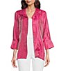 Color:Bright Pink - Image 1 - Shimmer Woven Round Collar 3/4 Sleeve Button-Front Jacket