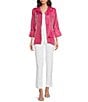 Color:Bright Pink - Image 3 - Shimmer Woven Round Collar 3/4 Sleeve Button-Front Jacket