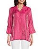 Color:Bright Pink - Image 4 - Shimmer Woven Round Collar 3/4 Sleeve Button-Front Jacket