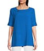 Color:Royal - Image 1 - Textured Woven Contrast Stitch Round Neck Short Sleeve Tunic