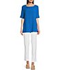 Color:Royal - Image 3 - Textured Woven Contrast Stitch Round Neck Short Sleeve Tunic