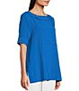 Color:Royal - Image 4 - Textured Woven Contrast Stitch Round Neck Short Sleeve Tunic