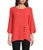 Color:Coral - Image 1 - Textured Woven Scoop Neck Accent Button Details 3/4 Sleeve Tunic