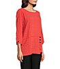 Color:Coral - Image 3 - Textured Woven Scoop Neck Accent Button Details 3/4 Sleeve Tunic