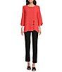 Color:Coral - Image 4 - Textured Woven Scoop Neck Accent Button Details 3/4 Sleeve Tunic