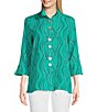 Color:Seafoam - Image 1 - Wavy Dotted Wavy Lines Print Wire Collar 3/4 Cuffed Sleeve Button-Front Shirt