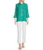 Color:Seafoam - Image 5 - Wavy Dotted Wavy Lines Print Wire Collar 3/4 Cuffed Sleeve Button-Front Shirt