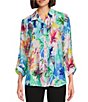 Color:Multi - Image 1 - Woven Abstract Floral Print Point Collar 3/4 Roll Tab Sleeve Button Front Tunic