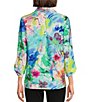Color:Multi - Image 2 - Woven Abstract Floral Print Point Collar 3/4 Roll Tab Sleeve Button Front Tunic