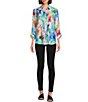 Color:Multi - Image 3 - Woven Abstract Floral Print Point Collar 3/4 Roll Tab Sleeve Button Front Tunic