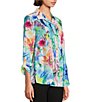 Color:Multi - Image 4 - Woven Abstract Floral Print Point Collar 3/4 Roll Tab Sleeve Button Front Tunic