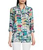 Color:Multi - Image 1 - Woven Abstract Print Wire Collar 3/4 Roll Tab Sleeve Curved Hem Pocketed Button-Front Tunic