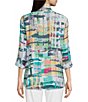 Color:Multi - Image 2 - Woven Abstract Print Wire Collar 3/4 Roll Tab Sleeve Curved Hem Pocketed Button-Front Tunic