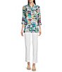 Color:Multi - Image 3 - Woven Abstract Print Wire Collar 3/4 Roll Tab Sleeve Curved Hem Pocketed Button-Front Tunic