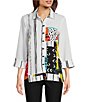 Color:Multi - Image 1 - Woven Crinkle Multi Abstract Print Point Collar 3/4 Sleeve Asymmetrical Hem Button-Front Tunic