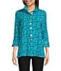 Color:Turquoise - Image 1 - Woven Crinkle Wire Collar 3/4 Sleeve Button-Front Tunic