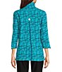 Color:Turquoise - Image 2 - Woven Crinkle Wire Collar 3/4 Sleeve Button-Front Tunic