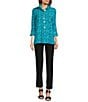 Color:Turquoise - Image 4 - Woven Crinkle Wire Collar 3/4 Sleeve Button-Front Tunic