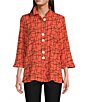 Color:Coral - Image 1 - Woven Crinkle Wire Collar 3/4 Sleeve Button-Front Tunic