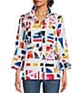 Color:Geometric Multiple - Image 1 - Woven Geometric Abstract Print Wire Collar 3/4 Bell Sleeve Button-Front Tunic