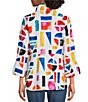 Color:Geometric Multiple - Image 2 - Woven Geometric Abstract Print Wire Collar 3/4 Bell Sleeve Button-Front Tunic